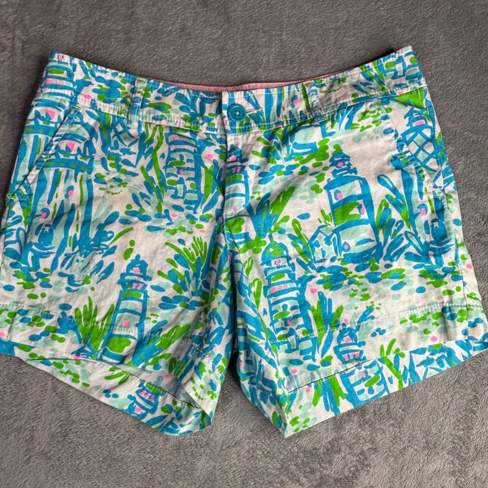 Lilly Pulitzer Callahan Shorts Womens 6 Blue Green Lighthouse Tropical Cotton